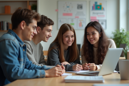 Groupe d'élèves au lycée autour d'un ordinateur en classe
