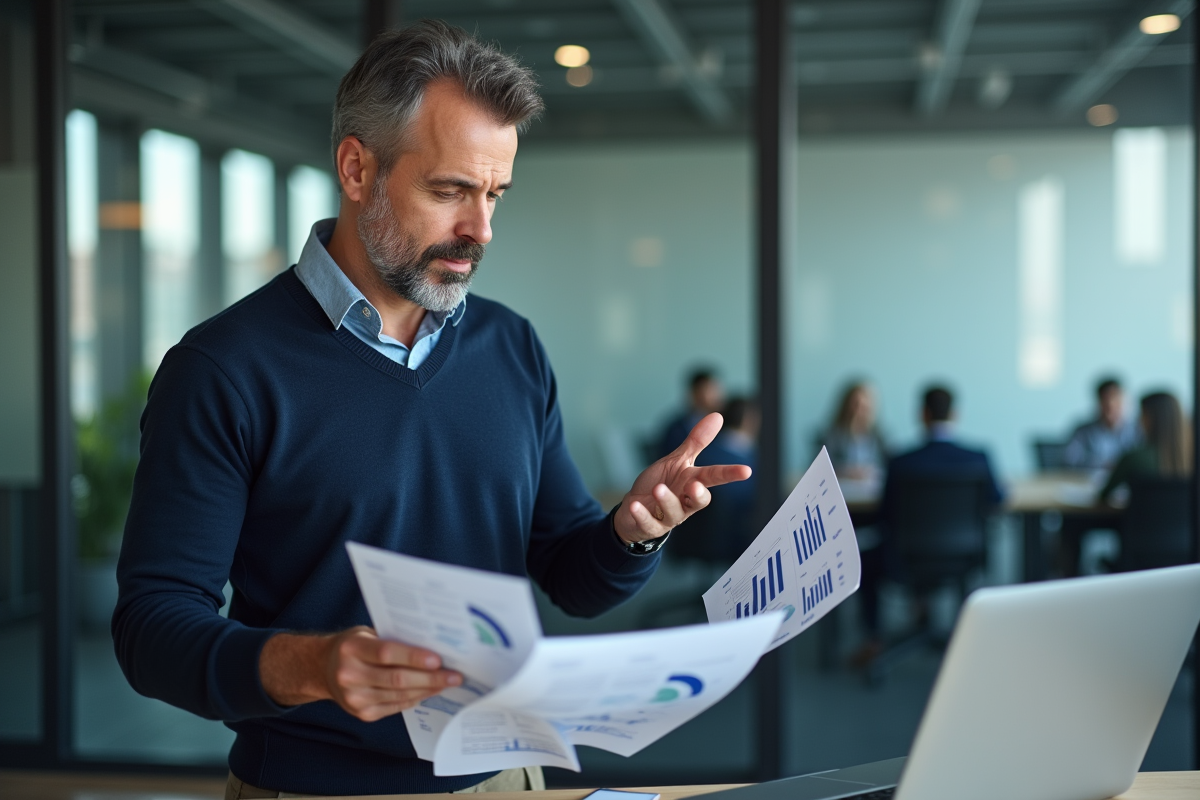 Homme en réunion consultant des rapports web dans un bureau moderne