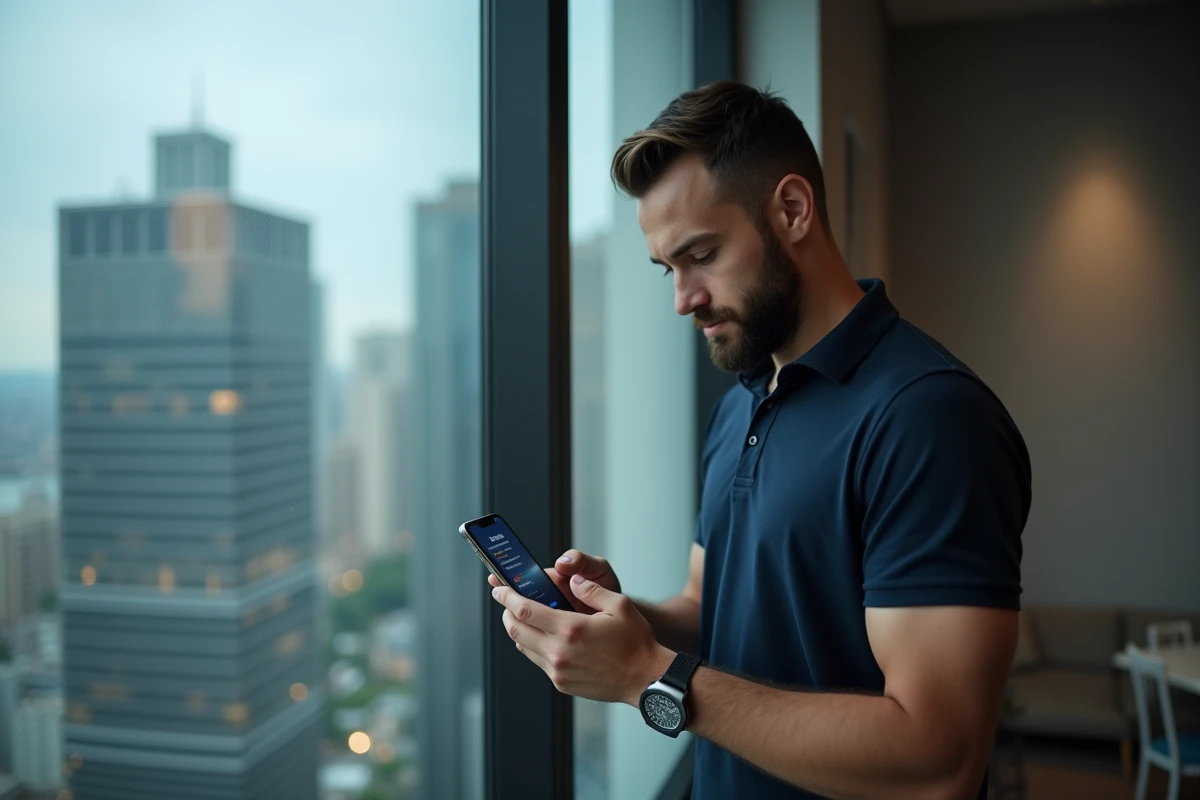 Homme consultant son compte RED by SFR sur smartphone depuis un appartement urbain