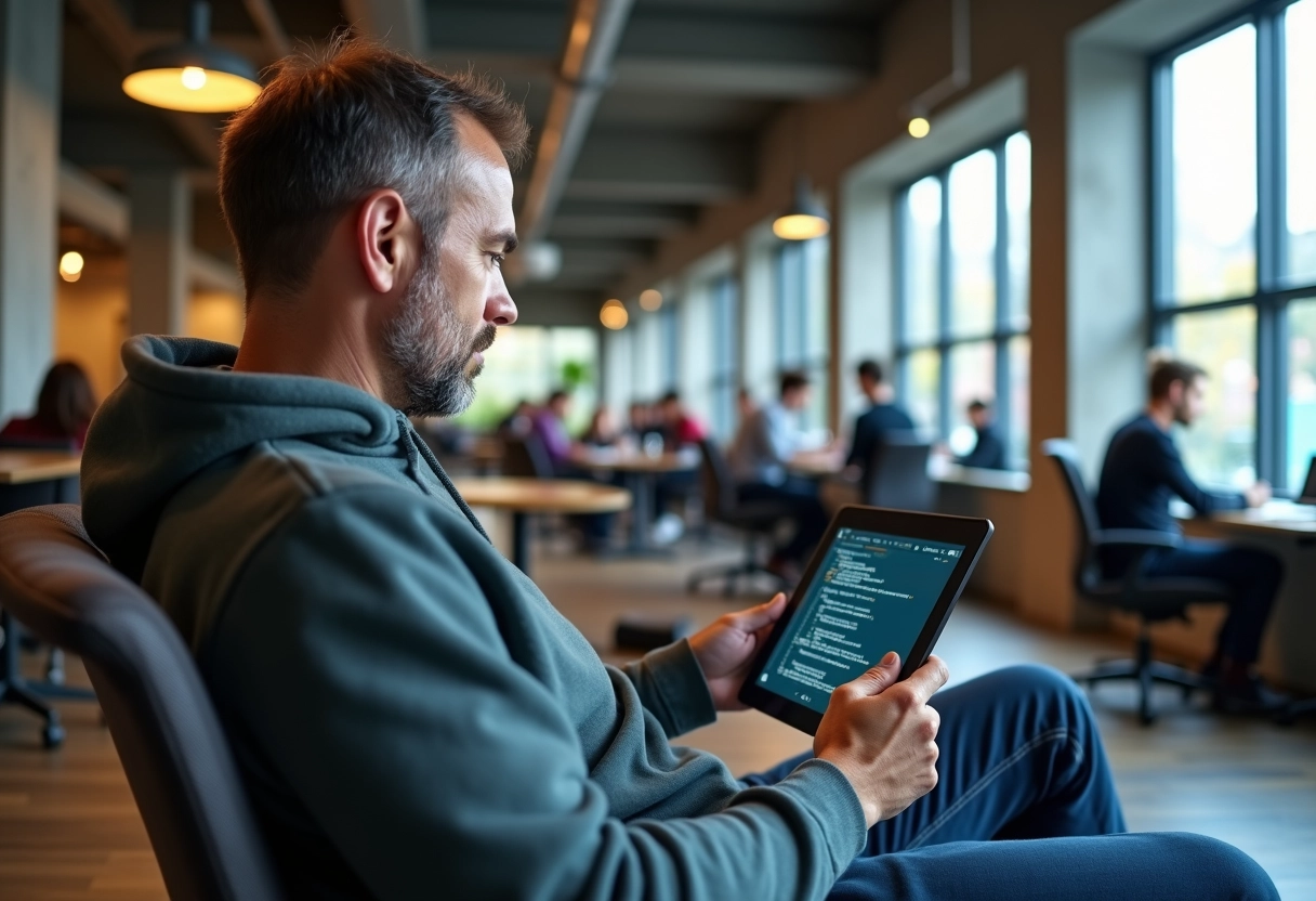 Homme détendu utilisant une tablette dans un espace de coworking urbain
