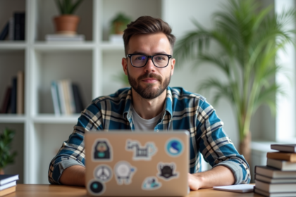 Homme en plaid dans un bureau avec stickers open source