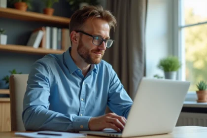 Homme concentré sur son ordinateur dans un bureau moderne