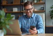 Sécurisation comptes en ligne : méthode efficace à adopter en 2025 Homme d'âge moyen travaillant sur son ordinateur dans un bureau moderne