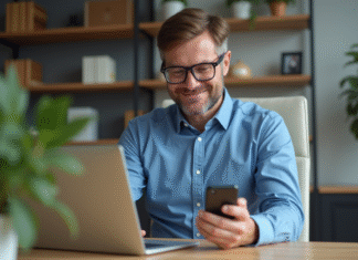 Sécurisation comptes en ligne : méthode efficace à adopter en 2025 Homme d'âge moyen travaillant sur son ordinateur dans un bureau moderne