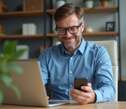 Sécurisation comptes en ligne : méthode efficace à adopter en 2025 Homme d'âge moyen travaillant sur son ordinateur dans un bureau moderne