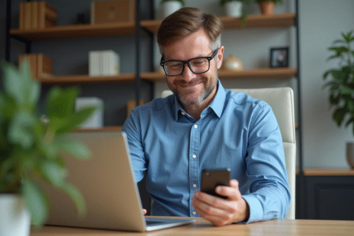 homme-bureau-professionnel Homme d'âge moyen travaillant sur son ordinateur dans un bureau moderne