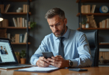 Homme d'âge moyen dans un bureau moderne regarde son smartphone