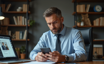 Risques publicité ciblée : impact sécuritaire sur données personnelles Homme d'âge moyen dans un bureau moderne regarde son smartphone