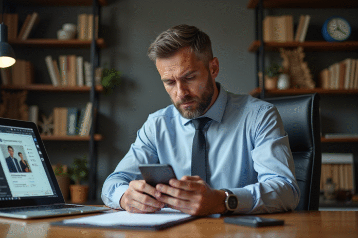 Homme d'âge moyen dans un bureau moderne regarde son smartphone