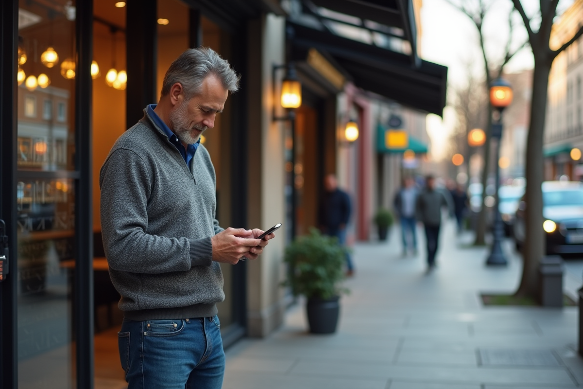 Homme dehors dans un café vérifiant son téléphone en ville