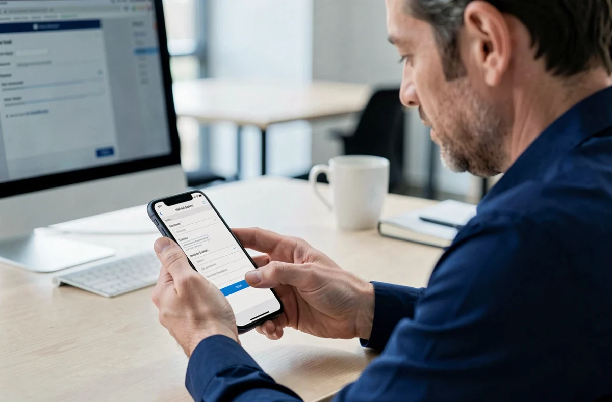 Homme configurant un compte webmail ia37 sur iPhone dans un bureau professionnel