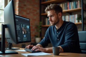 Homme consultant des avis fiables sur les composants PC avant un achat ou une mise à niveau sur son bureau à domicile