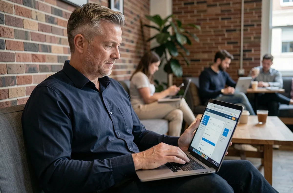 Homme d'affaires convertissant un fichier en ligne depuis son ordinateur portable dans un espace de coworking