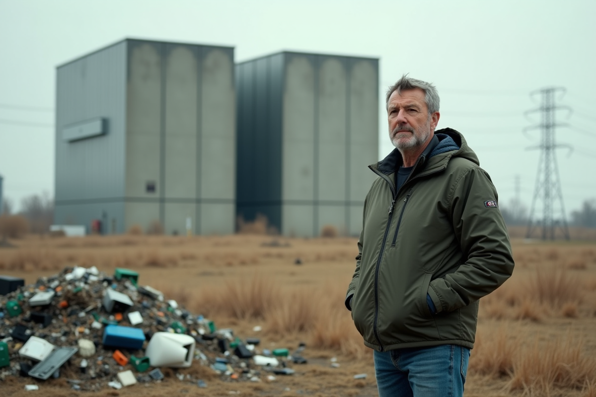 Homme inquiet près d un centre de données en plein air