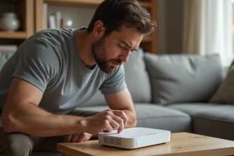 Homme dépannant sa box Orange qui clignote en blanc en appuyant sur le bouton reset