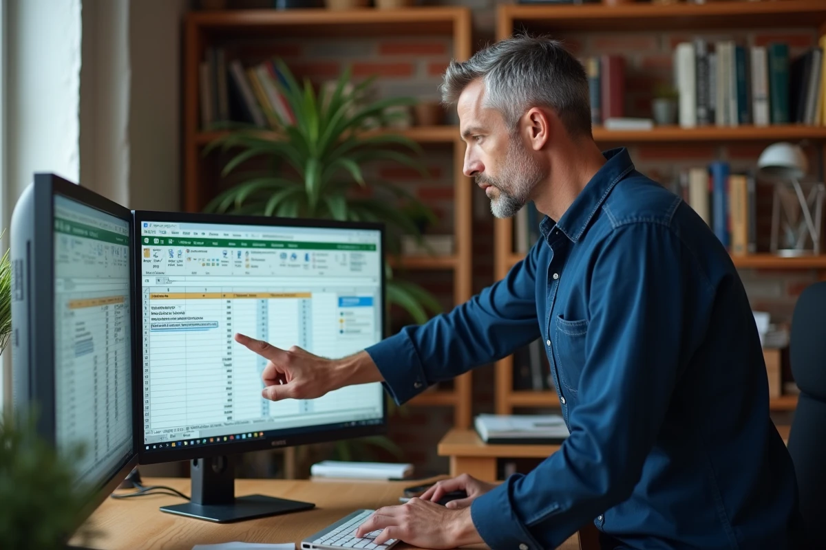 Homme utilisant deux écrans pour gérer des feuilles Excel avec lignes et colonnes figées dans un bureau à domicile