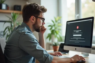 Jeune homme français frustré devant son ordinateur portable