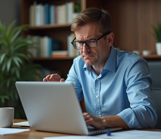 Visualisation de fichiers PDF : pourquoi ne pas y arriver ? Problème et solutions Homme d'âge moyen frustré devant un ordinateur avec erreur PDF