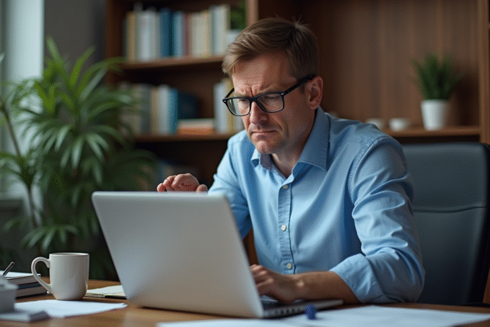homme-frustration-pc-bureau Homme d'âge moyen frustré devant un ordinateur avec erreur PDF
