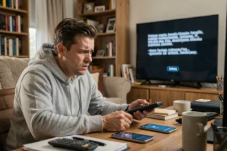 Homme frustré face à un code erreur S1 Bouygues sur son téléviseur à la maison