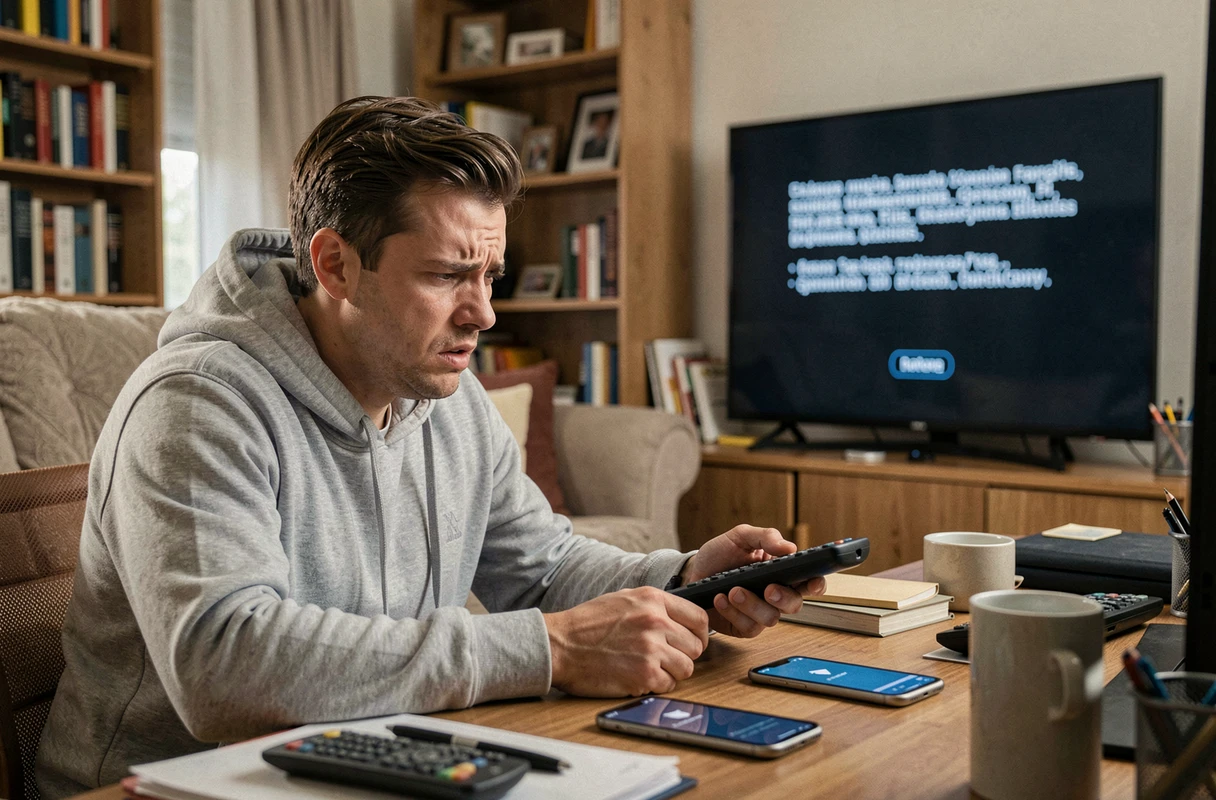 Homme frustré face à un code erreur S1 Bouygues sur son téléviseur à la maison