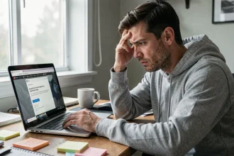 Homme frustré devant un ordinateur portable avec un navigateur Firefox planté, cherchant à récupérer ses marque-pages perdus