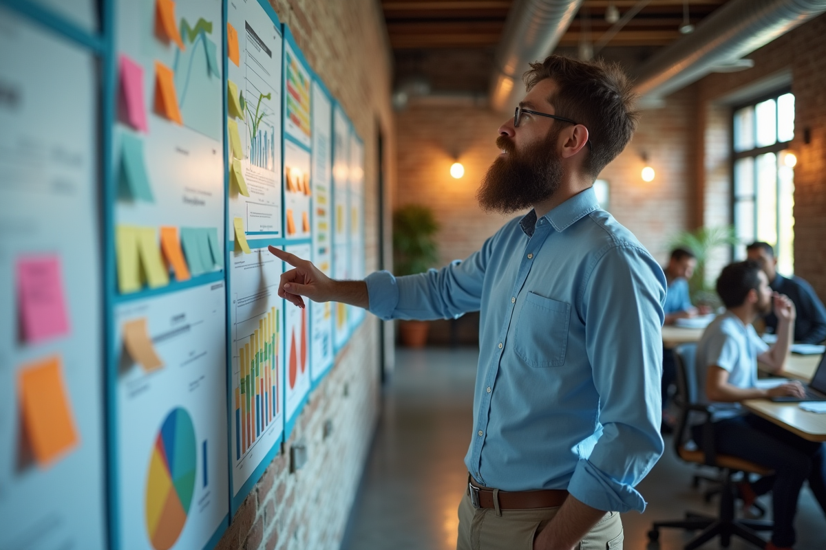 Homme avec graphique et notes colorées dans un loft