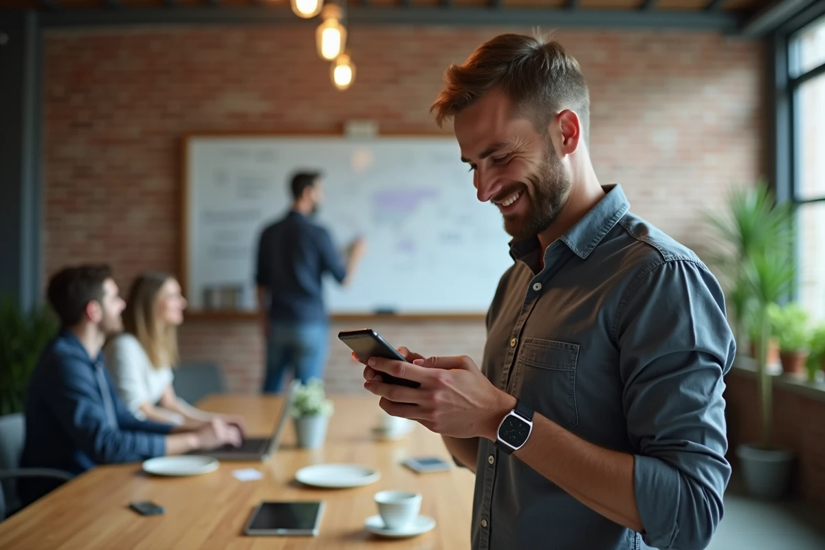 Homme gestionnaire IT regardant son smartphone dans un espace de coworking