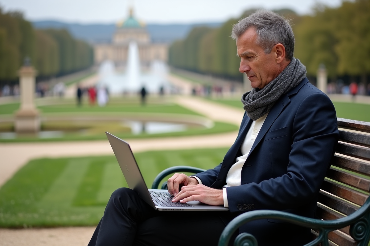 Homme écrit sur un banc dans les jardins de Versailles