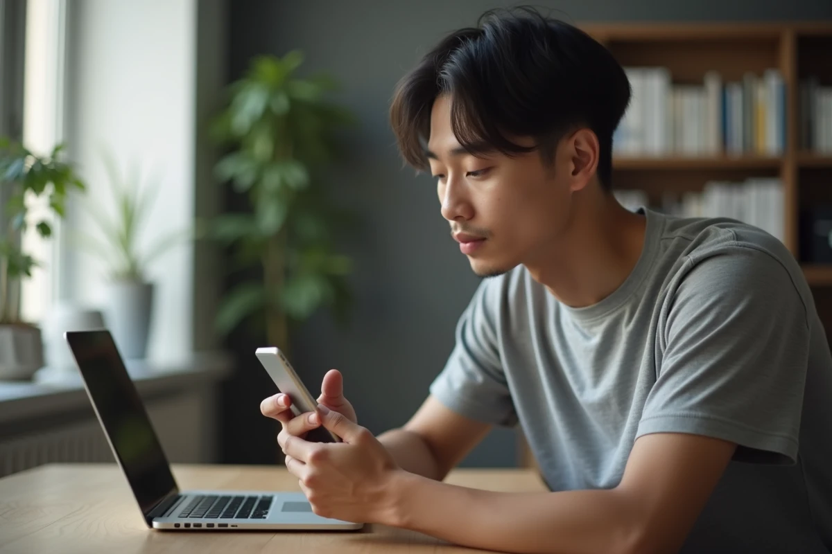 Homme lisant les dernières rumeurs iPhone sur son smartphone à son bureau