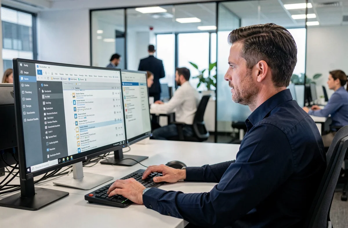 Homme utilisant un logiciel de messagerie sur un poste de travail de bureau professionnel