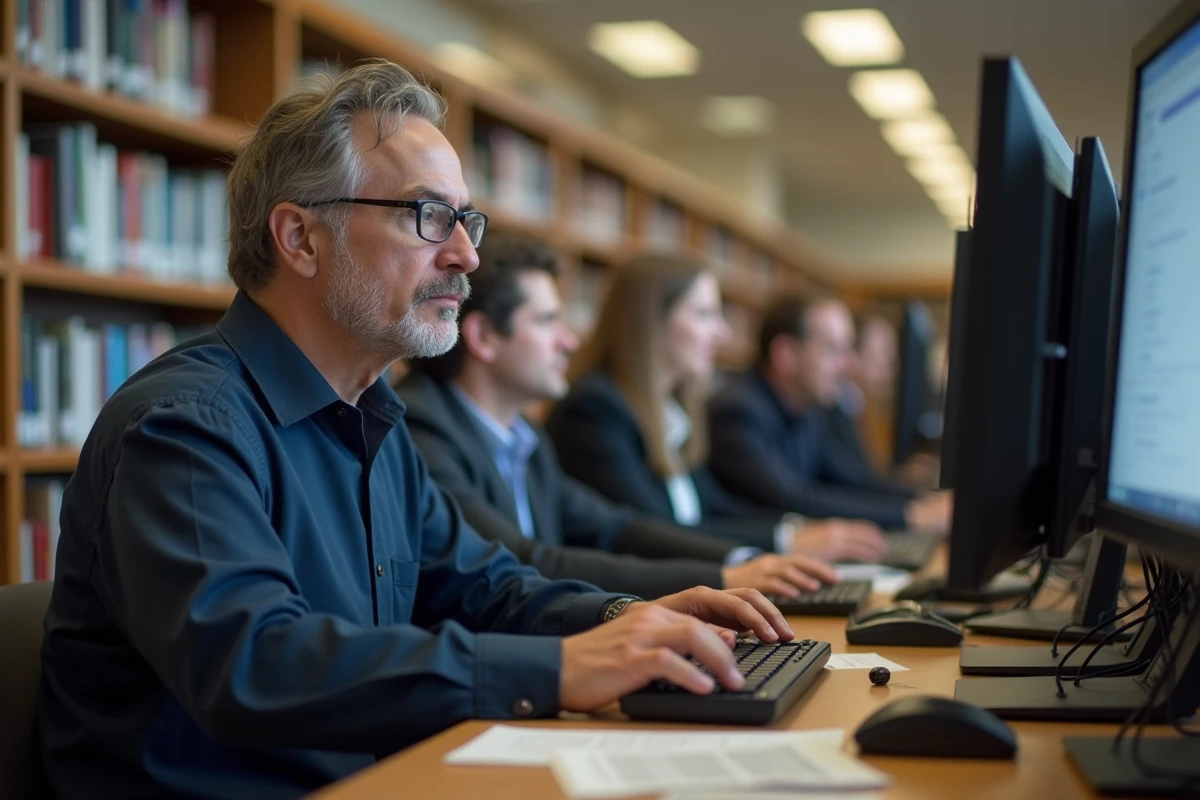 Homme à la bibliothèque utilisant un ordinateur