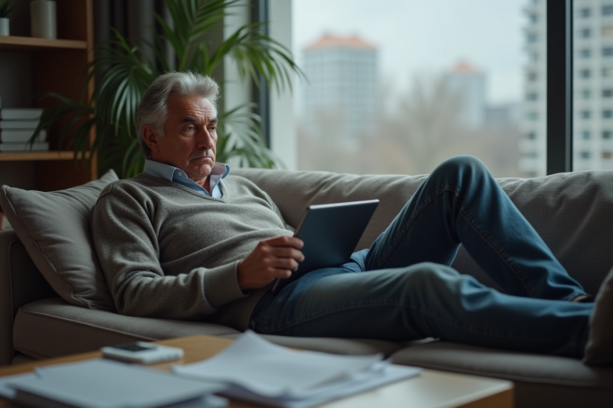 Homme pensif assis sur un canapé à la maison