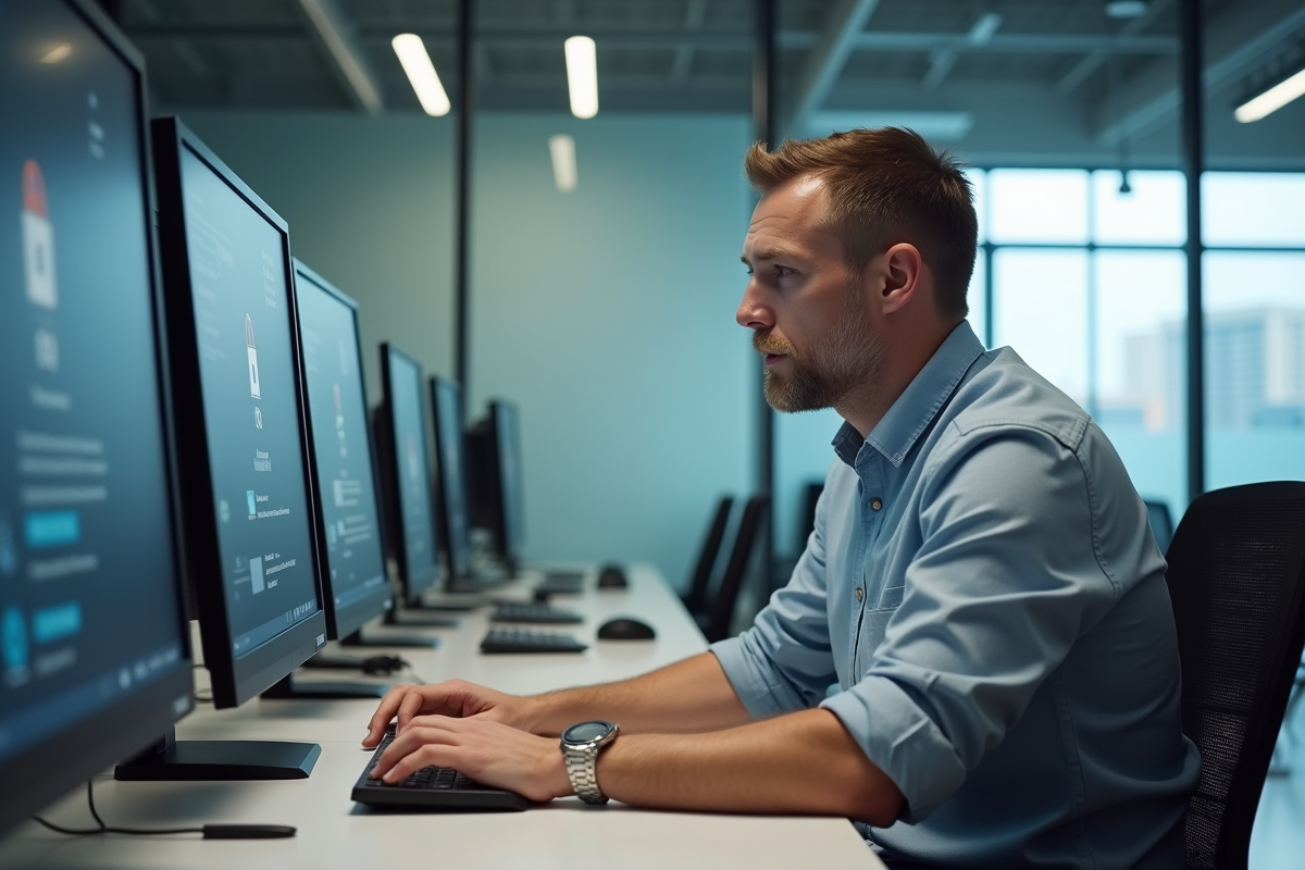 Homme ajustant les paramètres réseau dans un bureau moderne