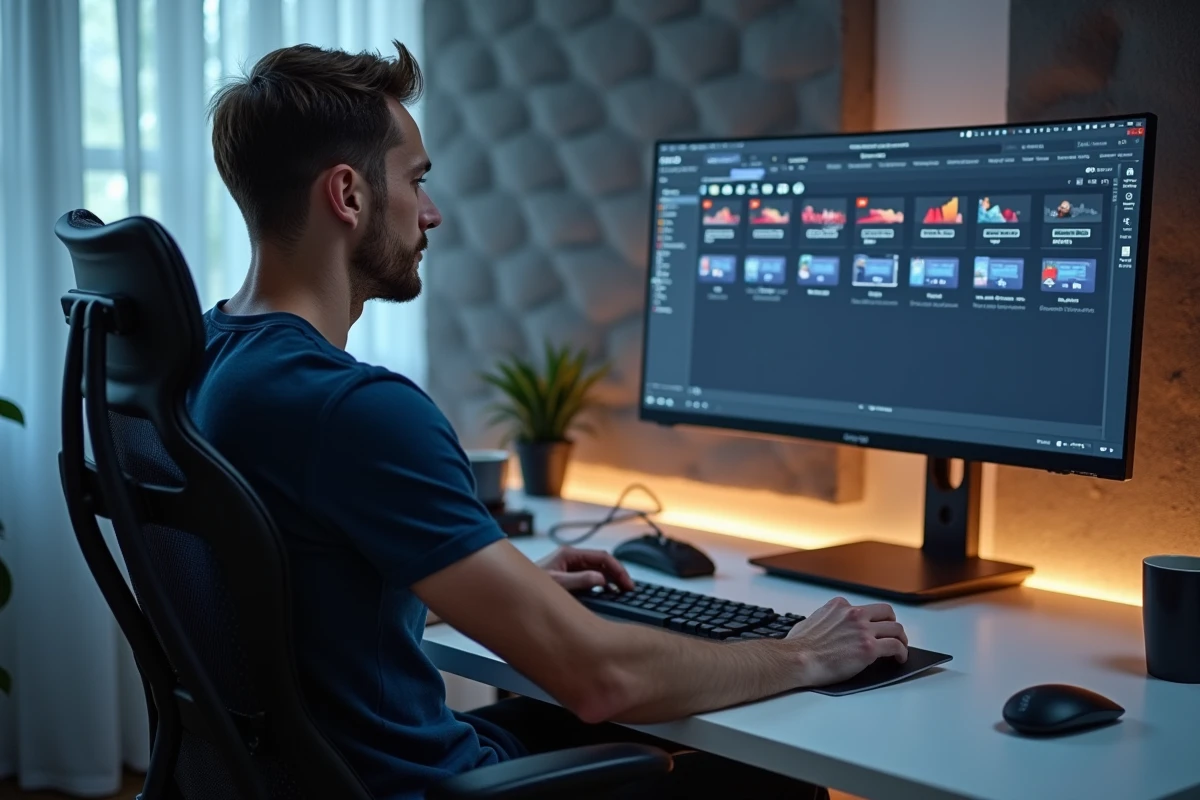 Homme gérant des fichiers MP3 sur un écran d'ordinateur dans un studio home office minimaliste avec interface audio USB