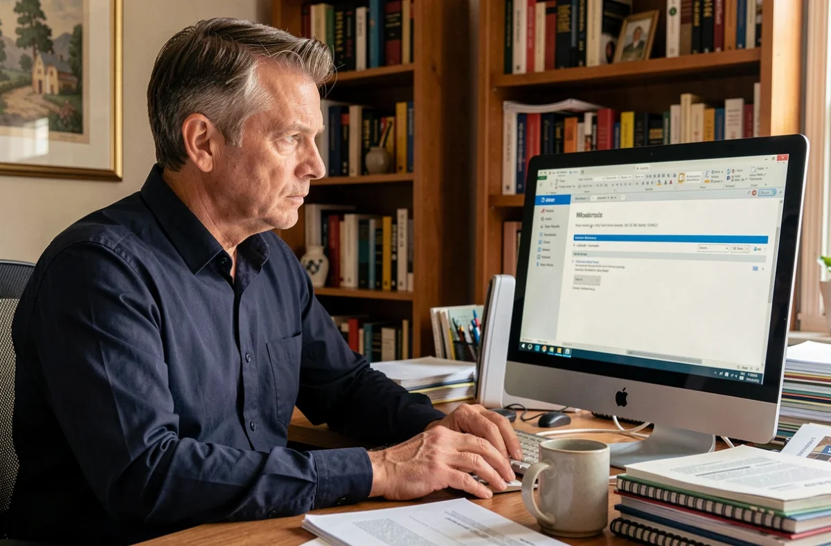 Homme en télétravail concentré sur la sélection des destinataires Cc et Cci dans un email sur son ordinateur de bureau à domicile