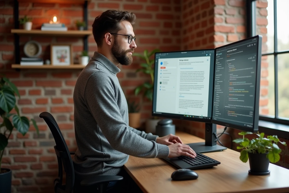 Homme en télétravail utilisant une interface de messagerie professionnelle IONOS webmail sur grand écran depuis son bureau à domicile