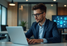 Sécurité informatique : l’importance de l’élément clé à connaître Jeune homme en costume travaillant sur un ordinateur en open space