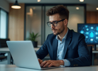 Sécurité informatique : l’importance de l’élément clé à connaître Jeune homme en costume travaillant sur un ordinateur en open space