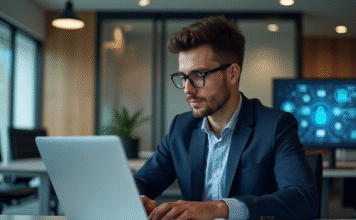 Jeune homme en costume travaillant sur un ordinateur en open space