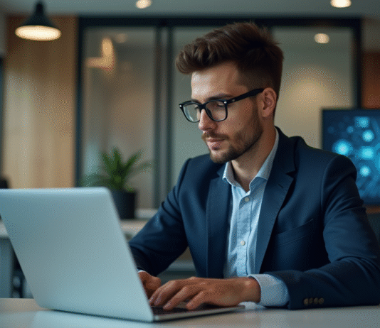 Jeune homme en costume travaillant sur un ordinateur en open space