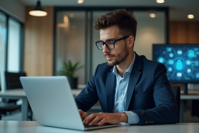 homme-travail-bureau-securite Jeune homme en costume travaillant sur un ordinateur en open space
