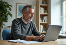 Homme d'âge moyen en tenue décontractée travaillant en visioconference