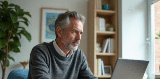 Homme d'âge moyen en tenue décontractée travaillant en visioconference