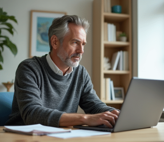 Homme d'âge moyen en tenue décontractée travaillant en visioconference