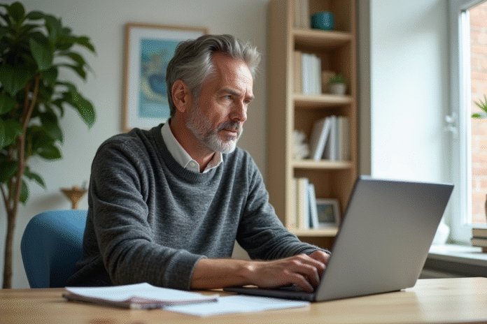 Homme d'âge moyen en tenue décontractée travaillant en visioconference