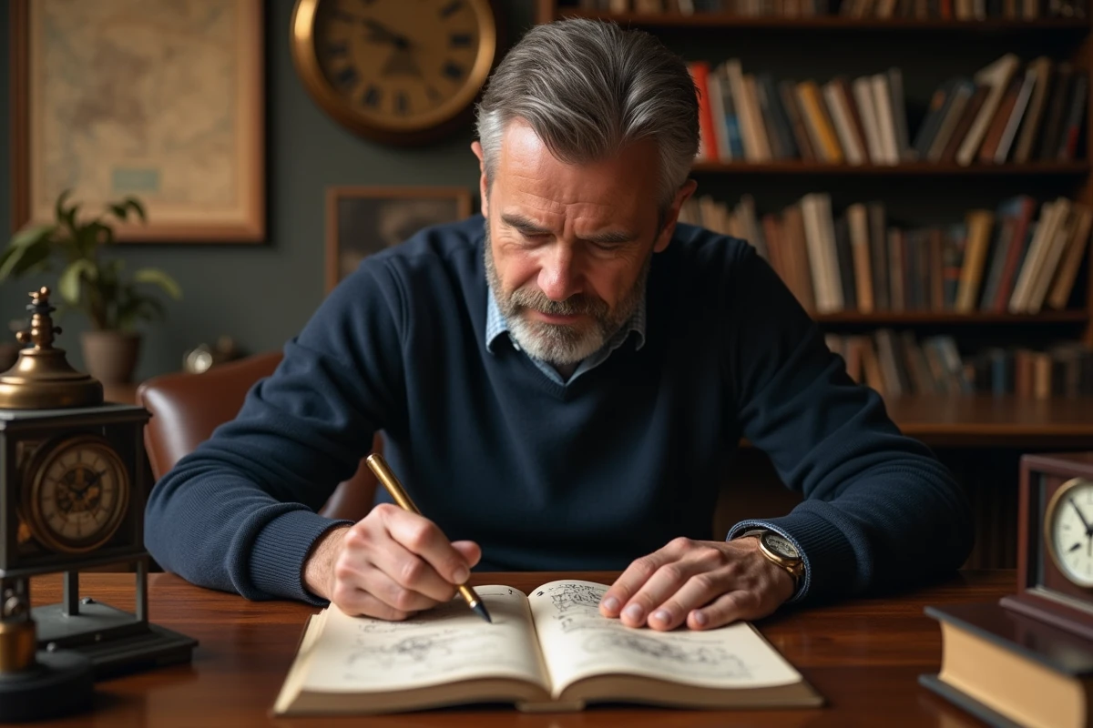 Homme d'âge moyen examinant une montre ancienne et un cahier