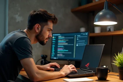 Ingénieur informatique analysant les processus actifs d'Armory Crate sur un laptop ASUS ROG dans un bureau à domicile moderne