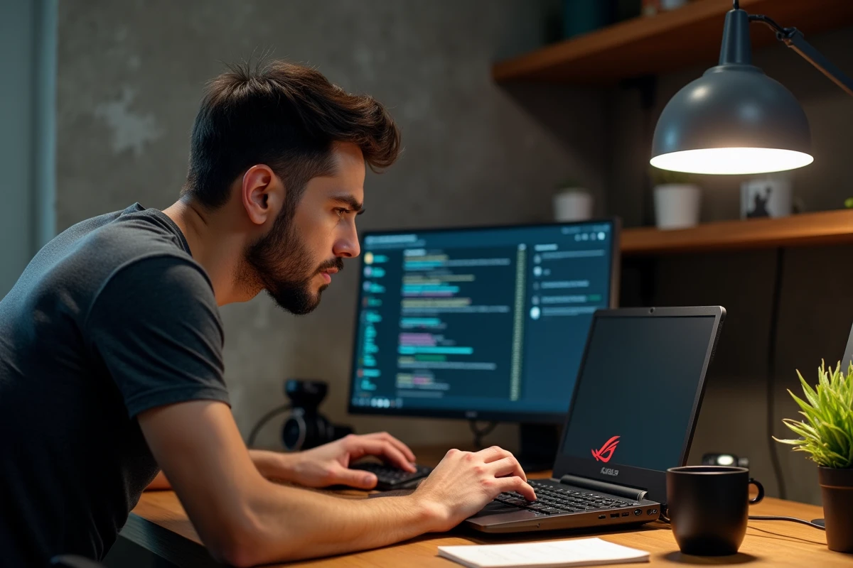 Ingénieur informatique analysant les processus actifs d'Armory Crate sur un laptop ASUS ROG dans un bureau à domicile moderne