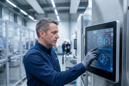 Ingénieur industriel pilotant une machine CNC via un écran tactile intuitif dans une usine moderne
